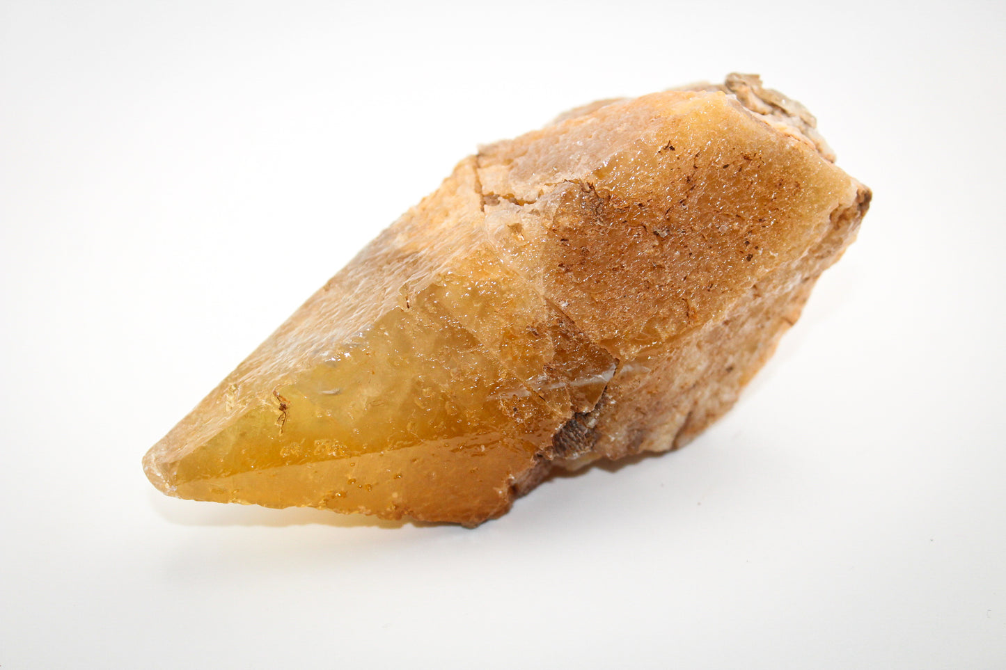 An elongated Dog Tooth Calcite crystal on a white background