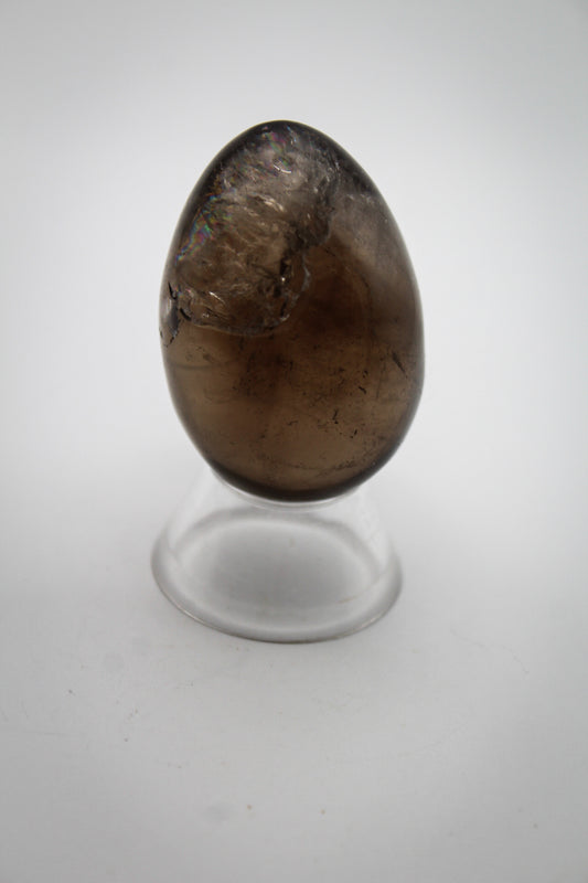 A polished, egg-shaped smoky quartz crystal on a white background