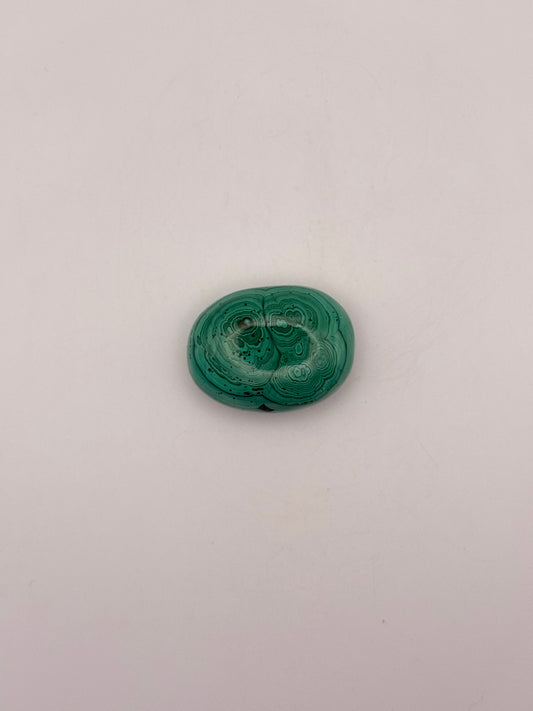 Vibrant green malachite palm stone with unique swirling patterns.