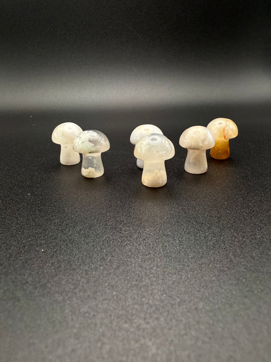 Polished flower agate crystal in the shape of mini mushrooms