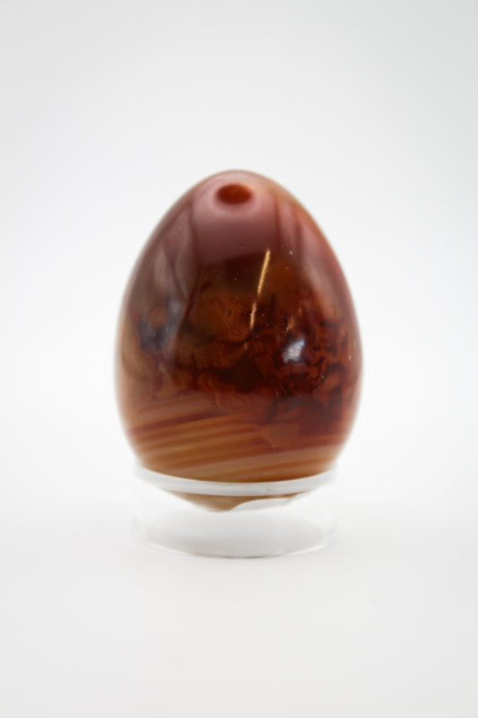 A polished carnelian egg-shaped stone on a clear stand.