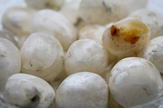A collection of polished snow agate tumbles placed on a clear glass plate.