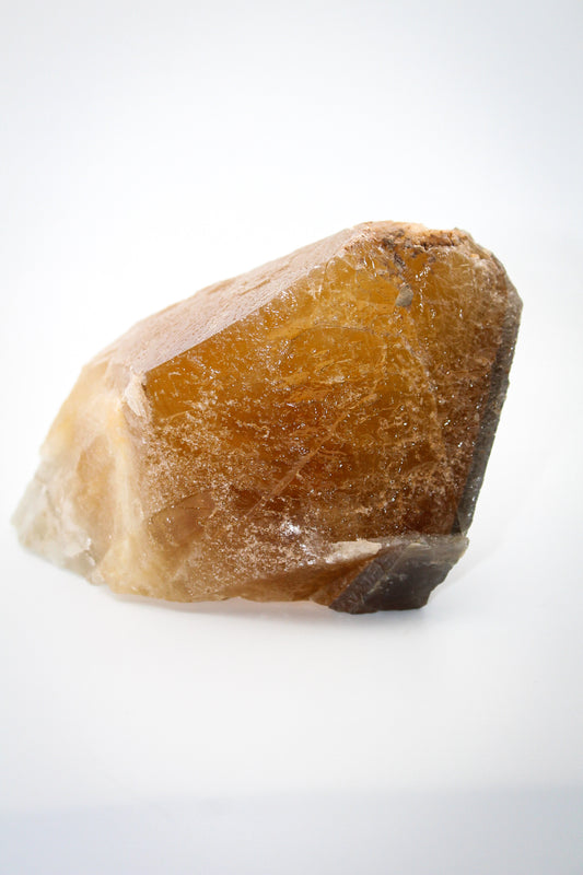 An elongated Dog Tooth Calcite crystal on a white background