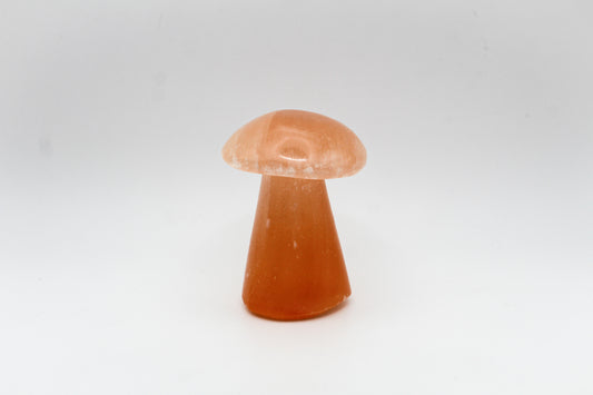 orange selenite mushroom-shaped crystals placed against a white background.