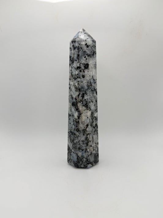 Rainbow moonstone polished tower with nice flashes of blue.