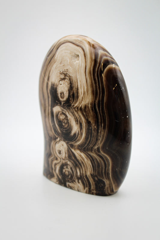 A polished chocolate calcite dome with a layered brown and white pattern, placed against a white background.