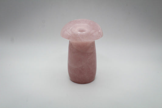 Polished rose quartz in the shape of a mushroom.