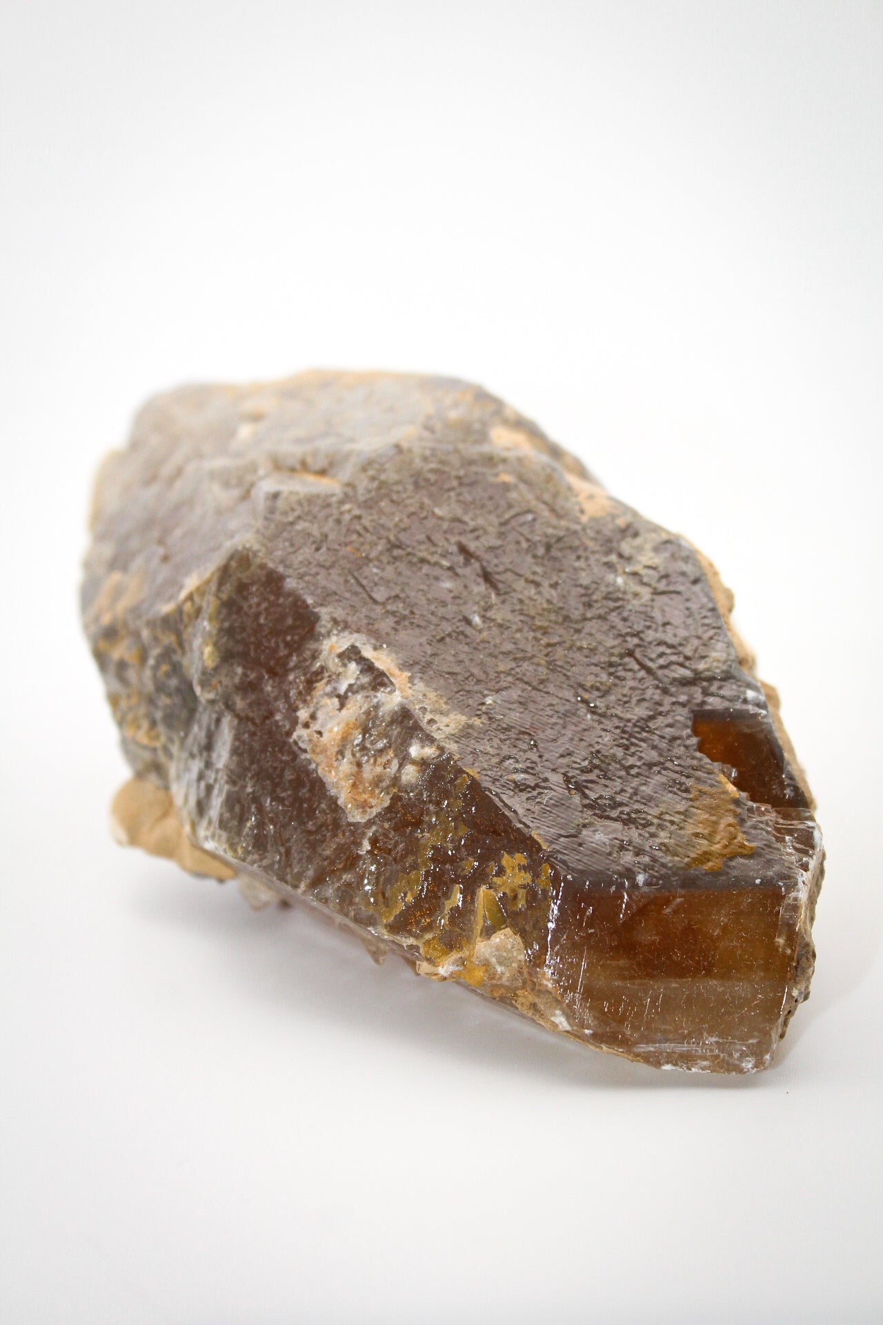 An elongated Dog Tooth Calcite crystal on a white background