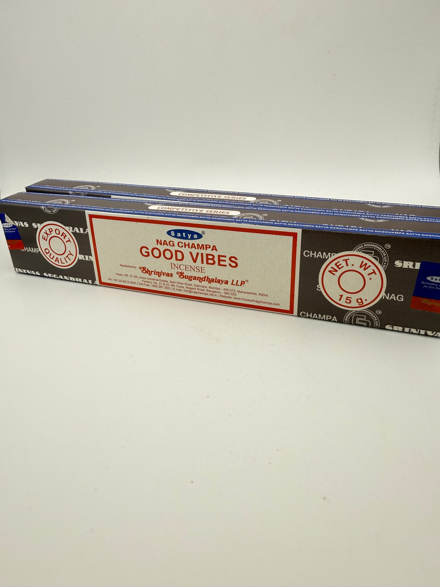 Box of incense sticks with 'Good Vibes' text on a white background