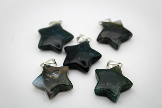 Moss agate pendants in the shape of a star.