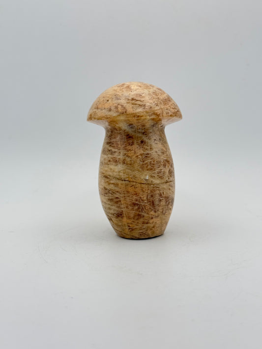Polished yellow moonstone in the shape of a mushroom.