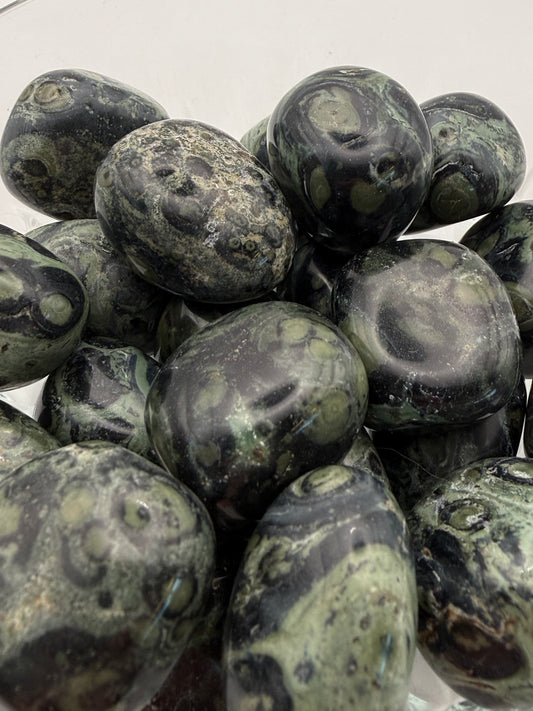Close-up of polished kambaba jasper tumbles.