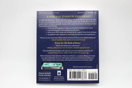 The image shows the cover of a book titled 'The Pocket Book of Stones' by Robert Simmons. The cover features photographs of different crystals and stones.