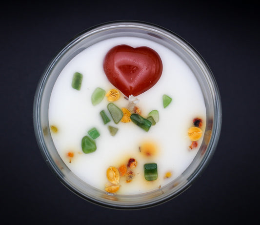 "joy and abundance" candle with scents of muguet and sea salt.