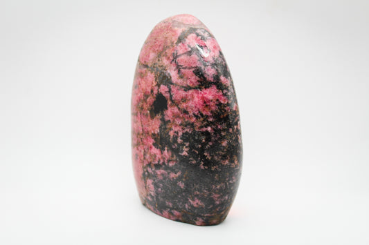 A polished rhodonite free form with a pink and black color scheme, displaying natural mineral patterns.