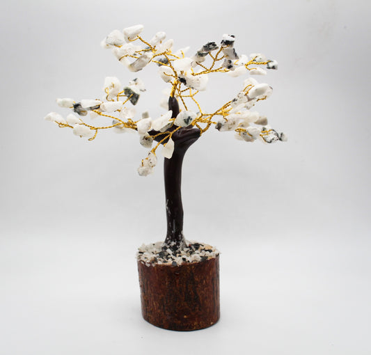 Tree made out of wire and rainbow moonstone crystal chips.