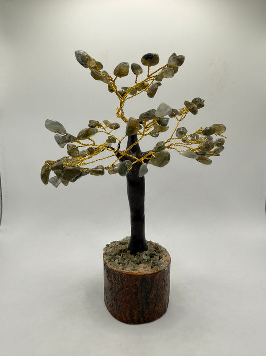 Labradorite chips strung through wire to look like a tree.