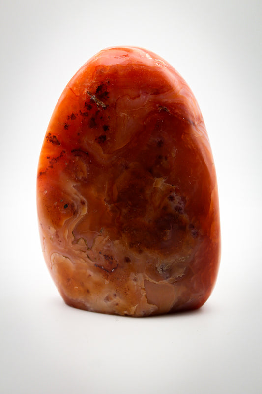 A polished carnelian stone with a free form shape, featuring an orange to red gradient color.