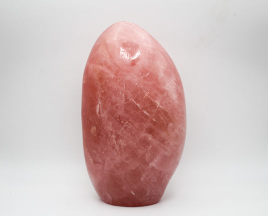 A polished, pink rose quartz crystal free-form shaped object on a white background.