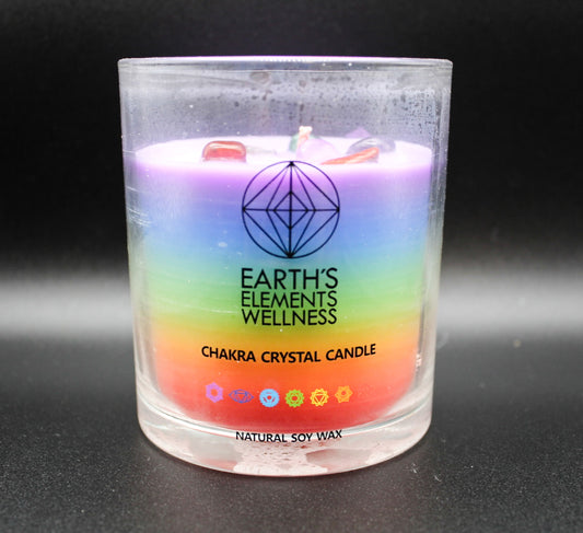 A multicolored chakra crystal candle with a wooden lid.