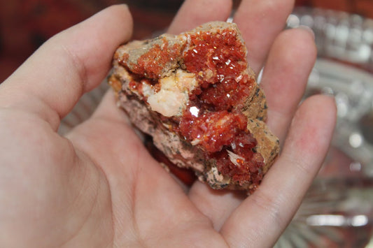 Vanadinite specimen with amazing sparkly red crystal formations.