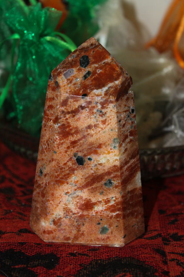 Orange Calcite with Apatite Tower
