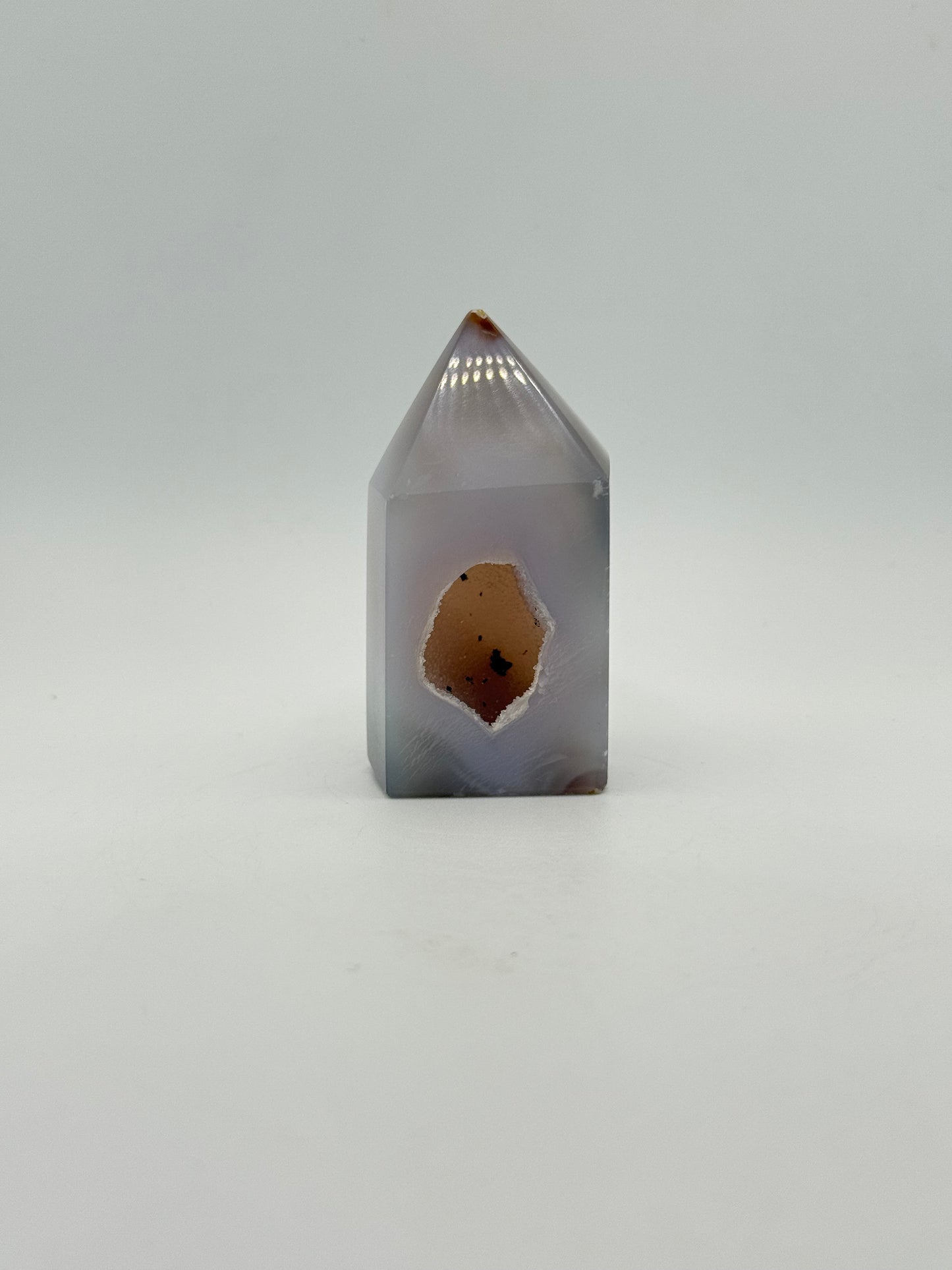 Polished druzy agate tower. About 2.5  inches tall.