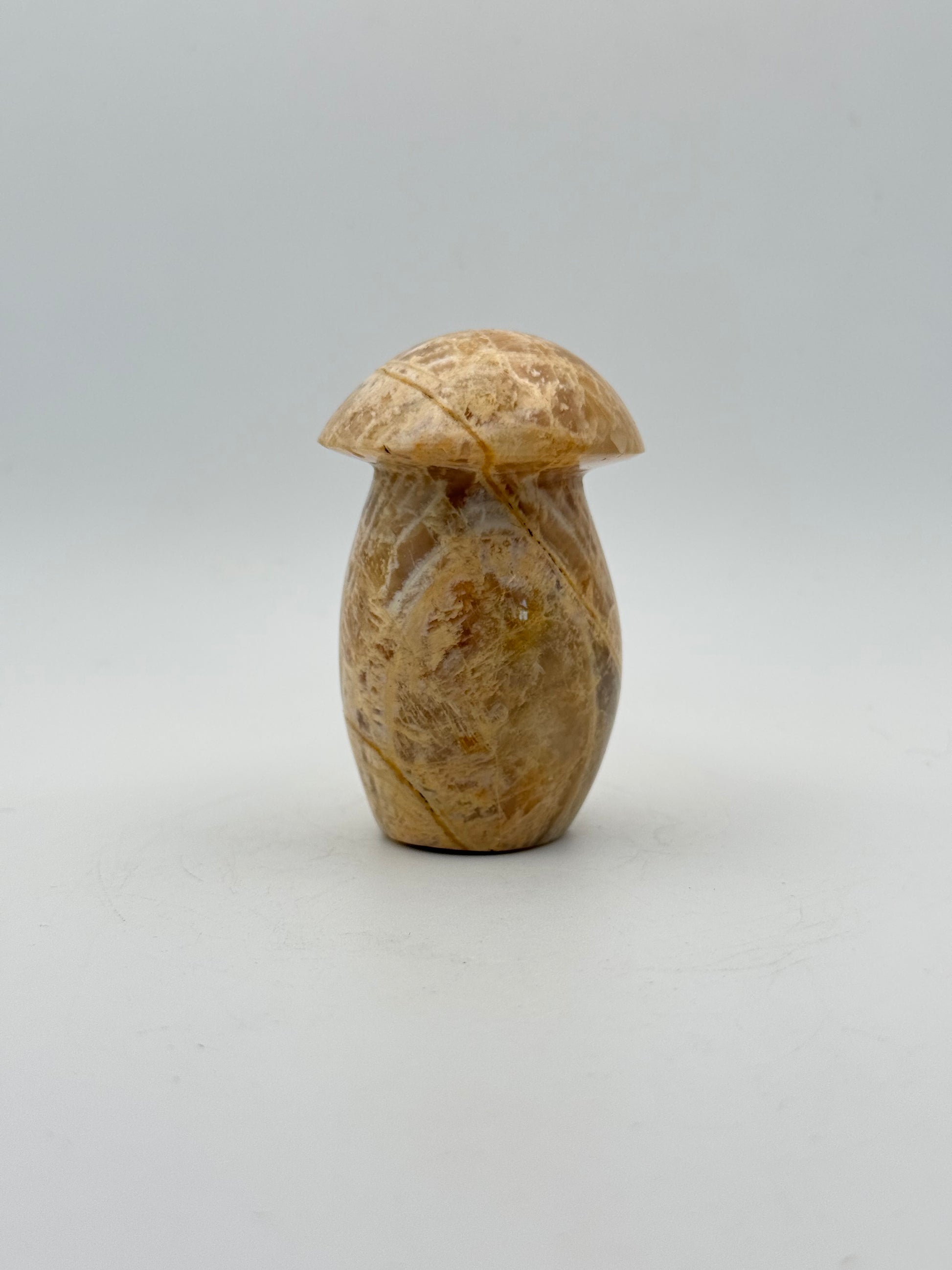 Polished yellow moonstone in the shape of a mushroom.