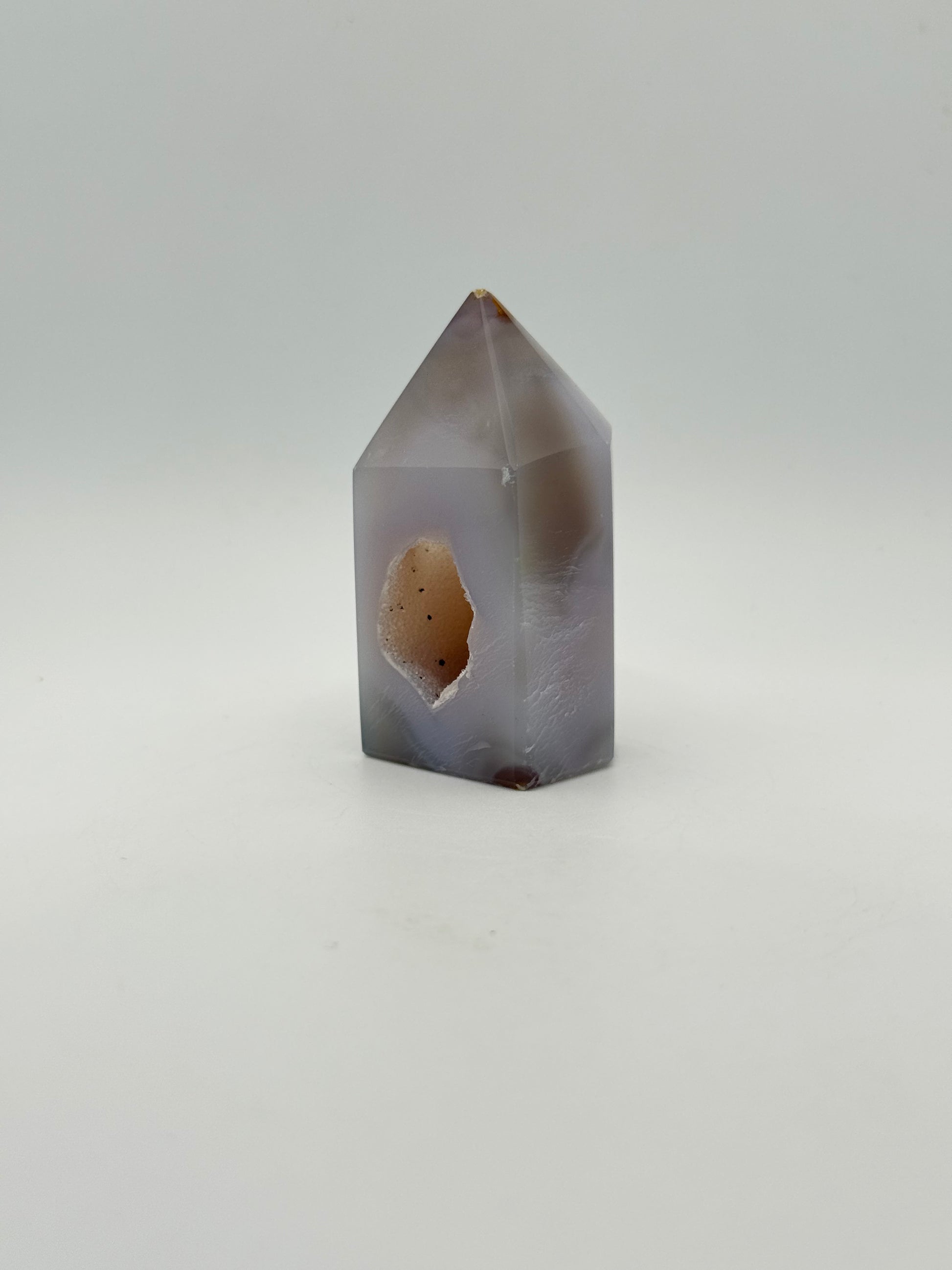 Polished druzy agate tower. About 2.5  inches tall.