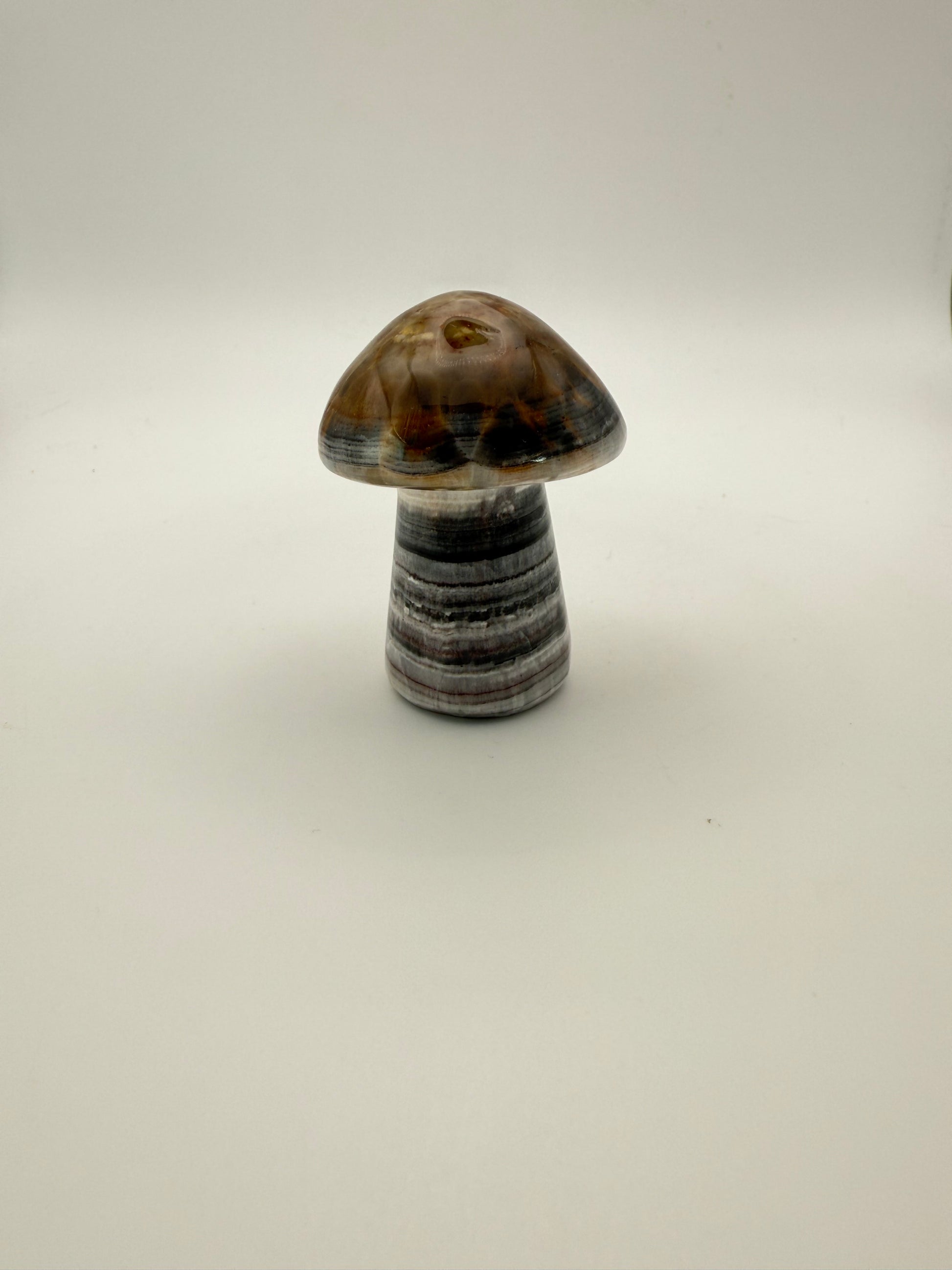Polished chocolate calcite crystal shaped into a mushroom.