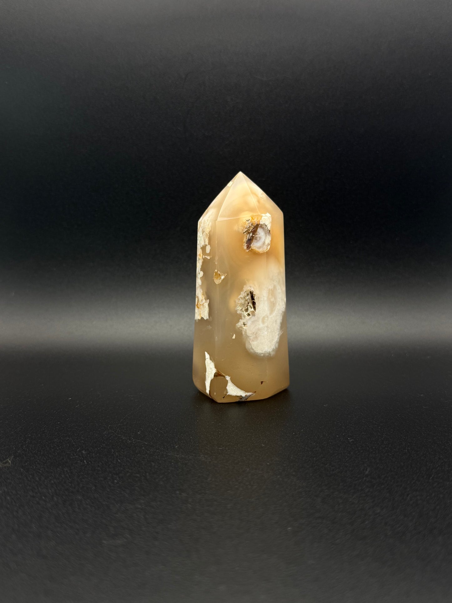 Flower agate polished crystal tower.