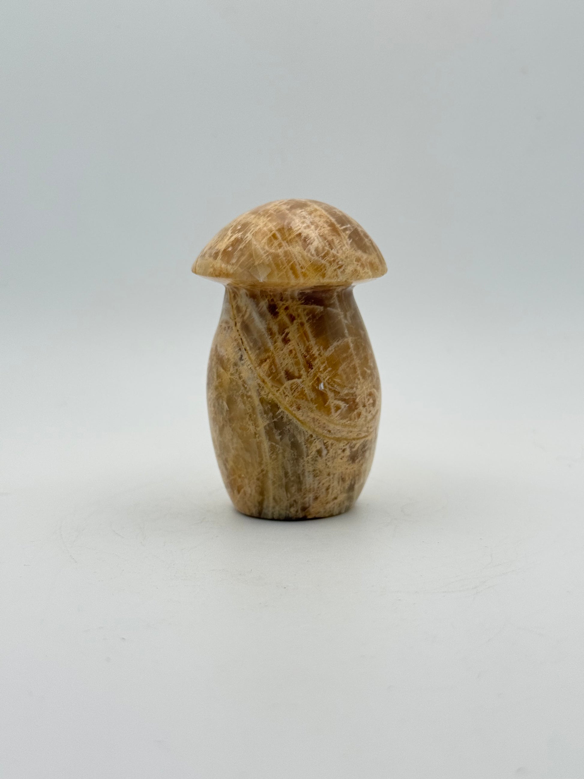 Polished yellow moonstone in the shape of a mushroom.