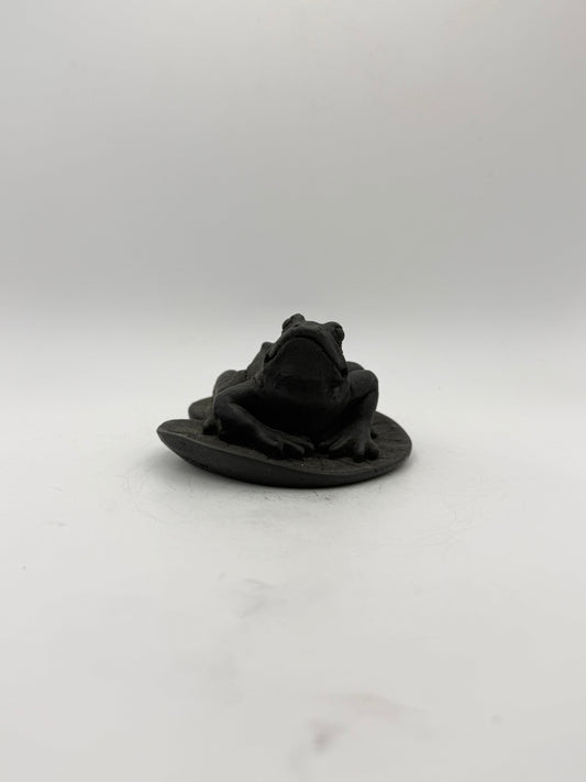 Shungite carving of a frog on a leaf.