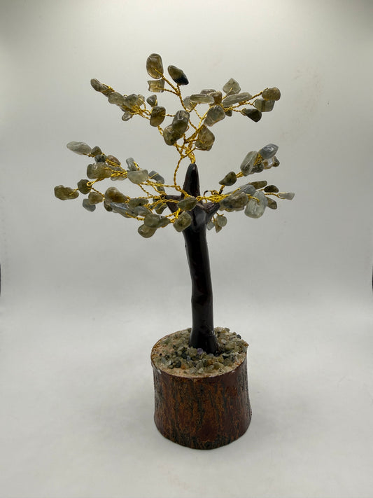 Labradorite chips strung through wire to look like a tree.