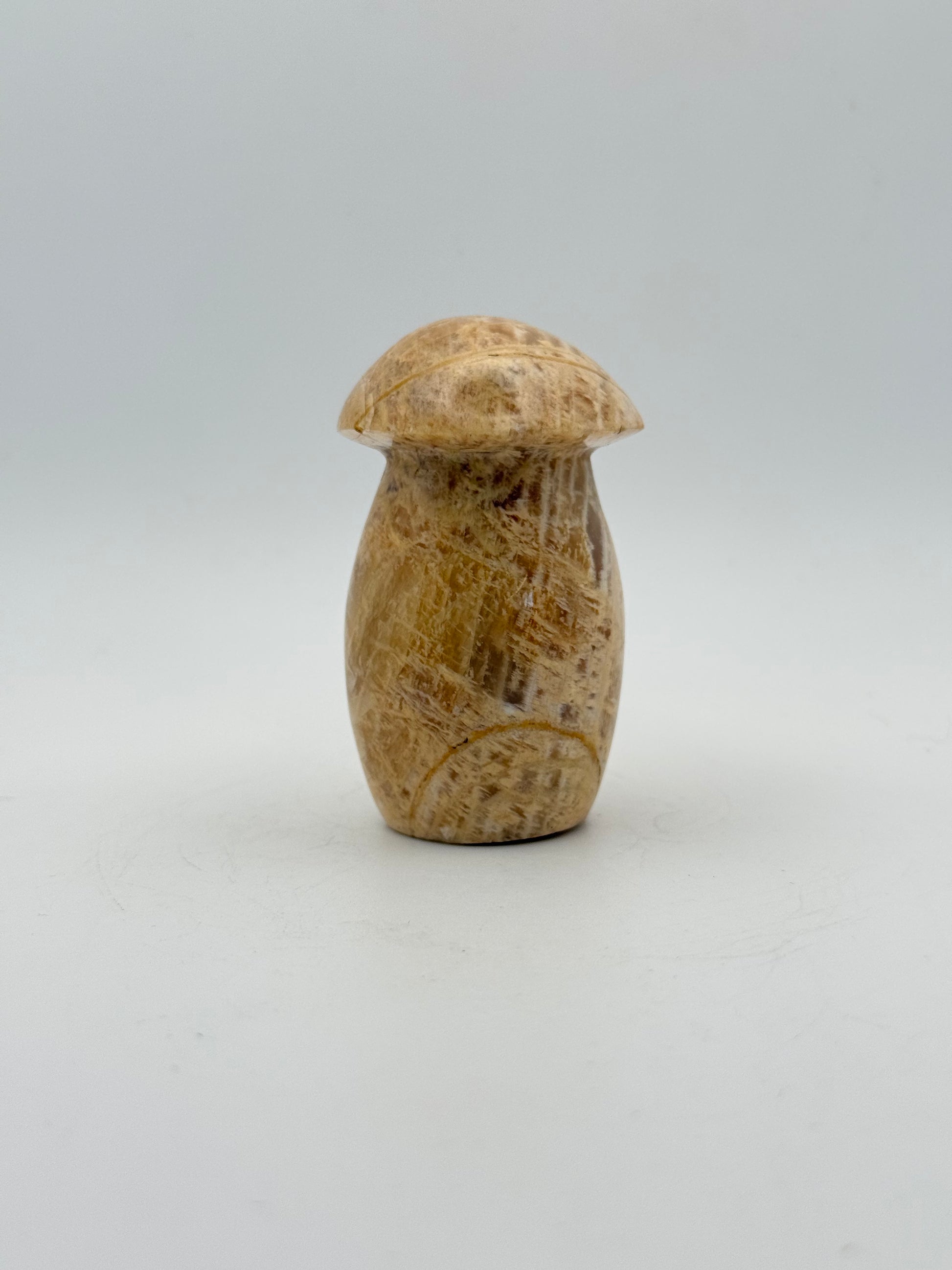Polished yellow moonstone in the shape of a mushroom.