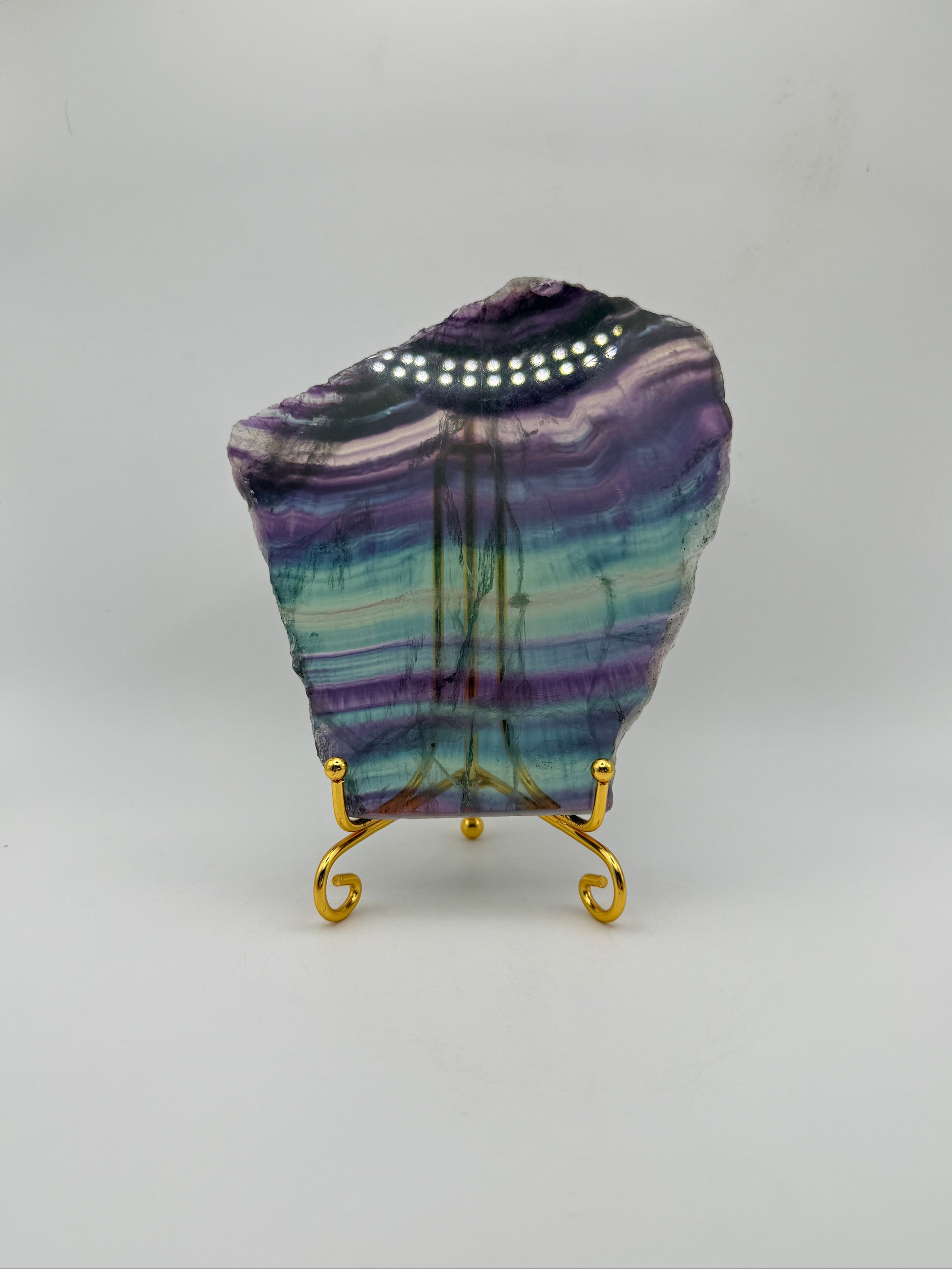 Rainbow Fluorite slab with amazing green, blue, and purple colors.