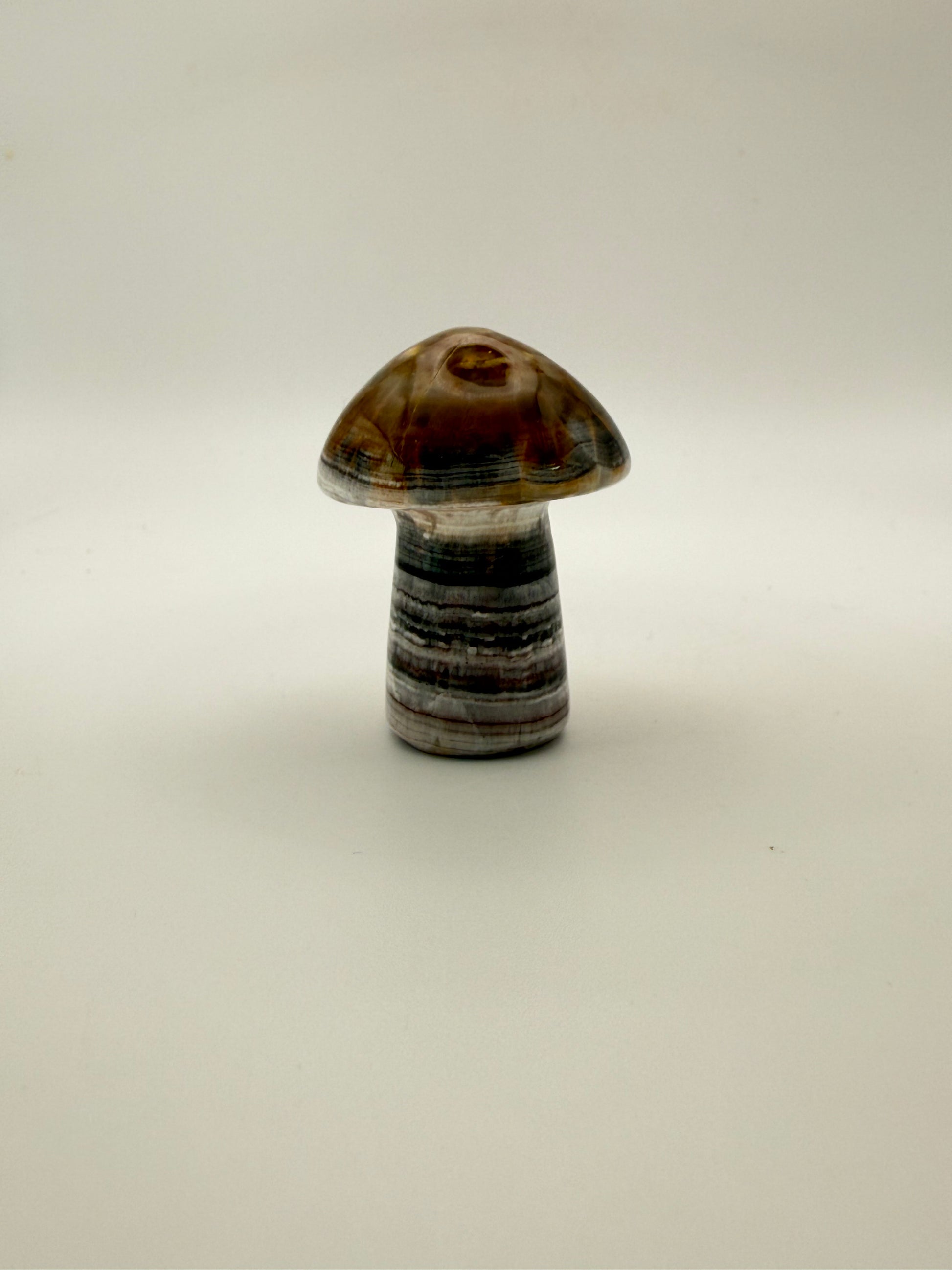 Polished chocolate calcite crystal shaped into a mushroom.