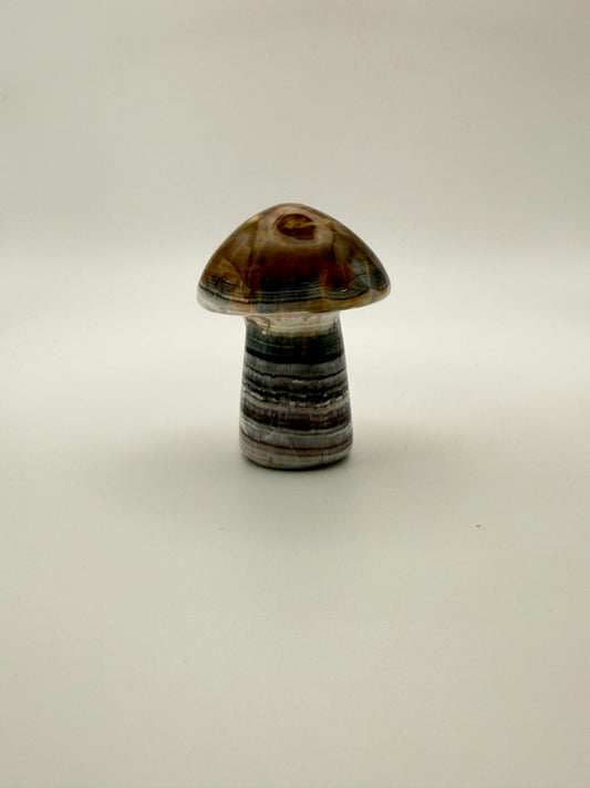 Polished chocolate calcite crystal shaped into a mushroom.