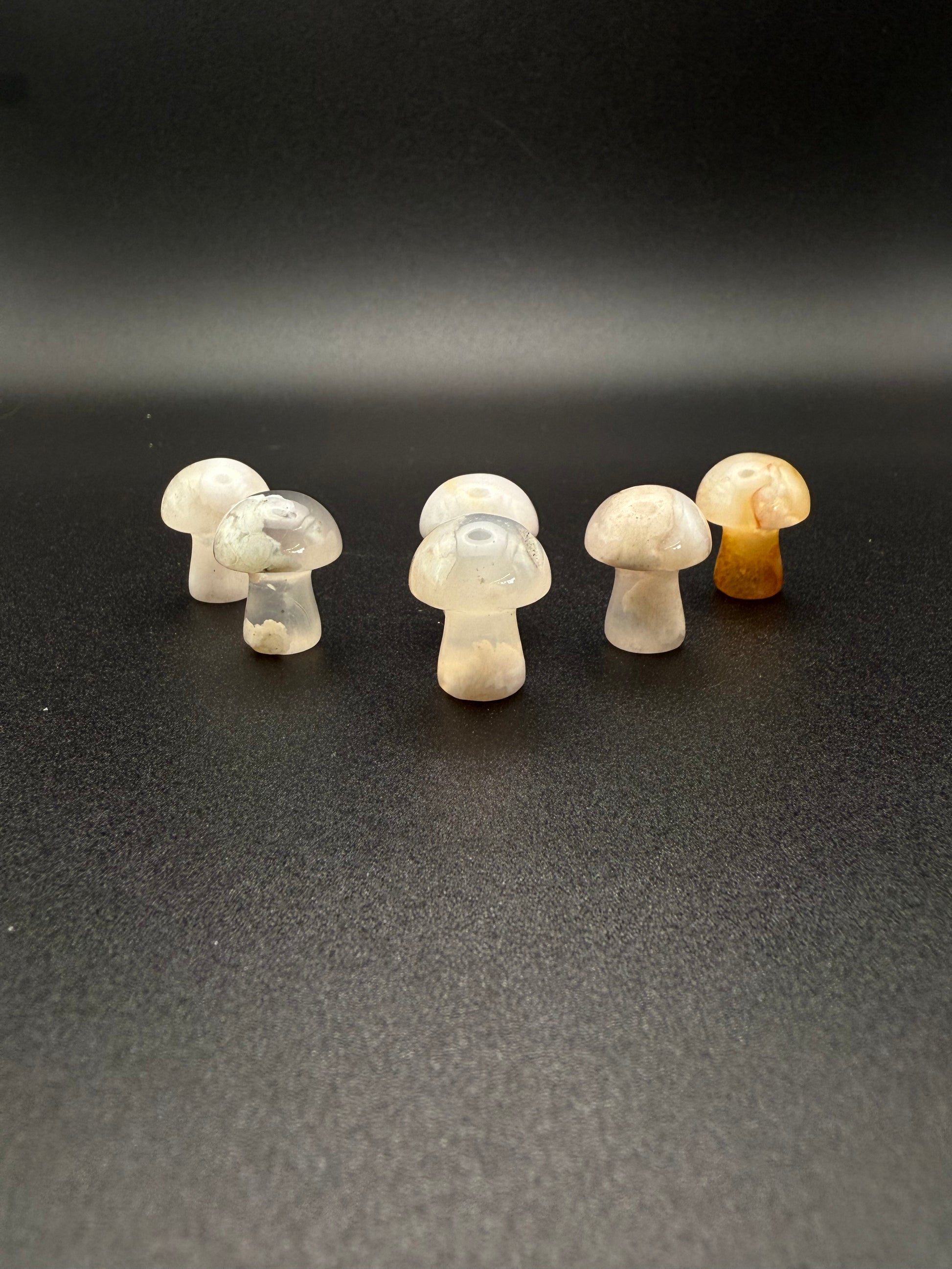 Polished flower agate crystal in the shape of mini mushrooms
