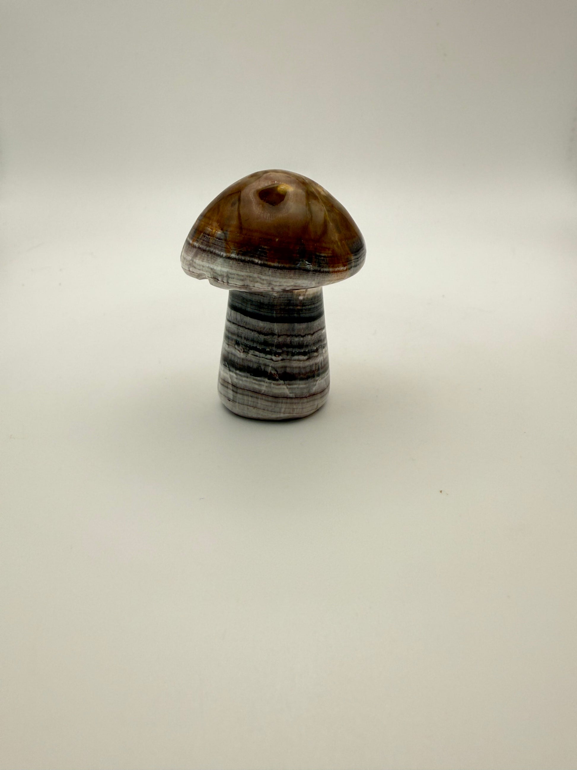 Polished chocolate calcite crystal shaped into a mushroom.