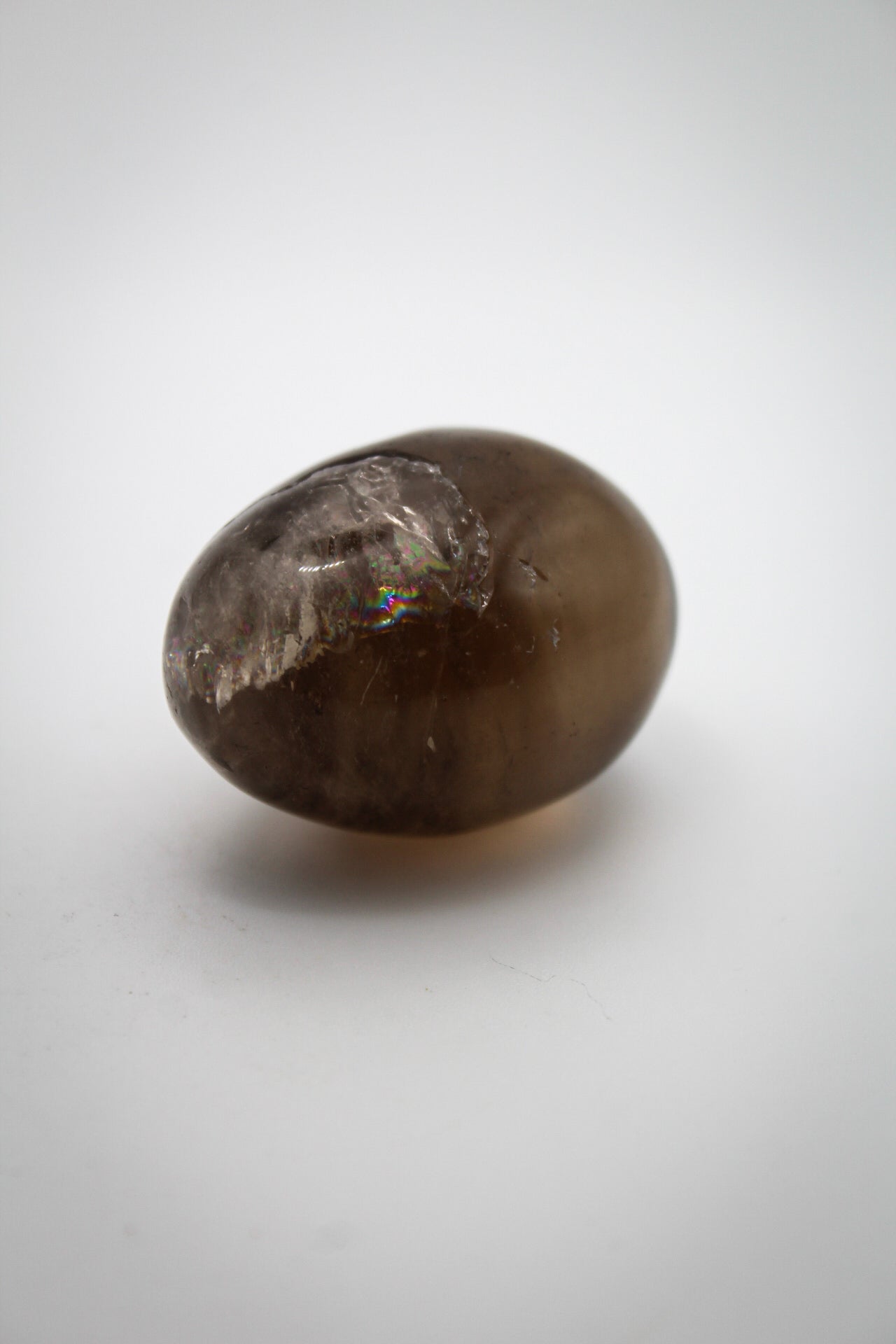 A polished, egg-shaped smoky quartz crystal on a white background