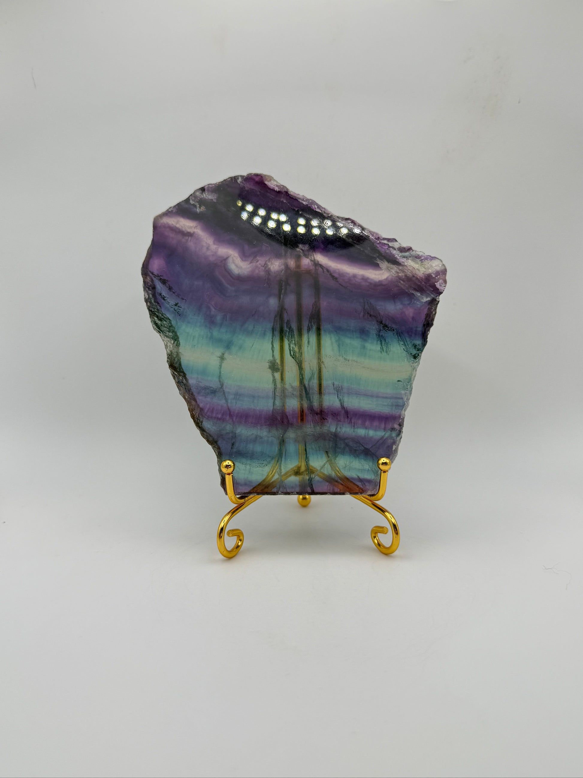 Rainbow Fluorite slab with amazing green, blue, and purple colors.