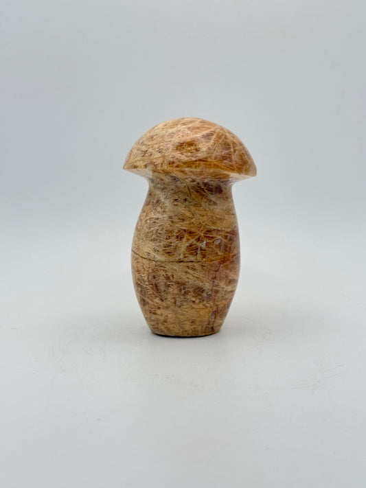 Polished yellow moonstone in the shape of a mushroom.