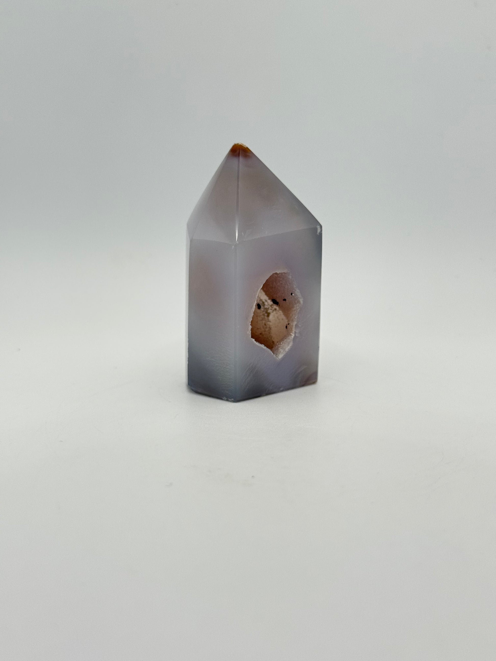 Polished druzy agate tower. About 2.5  inches tall.
