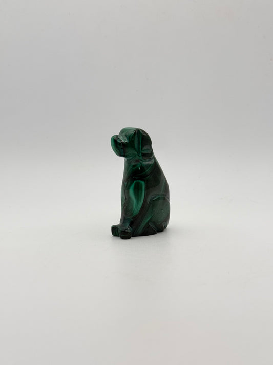 Polished malachite dog carving.