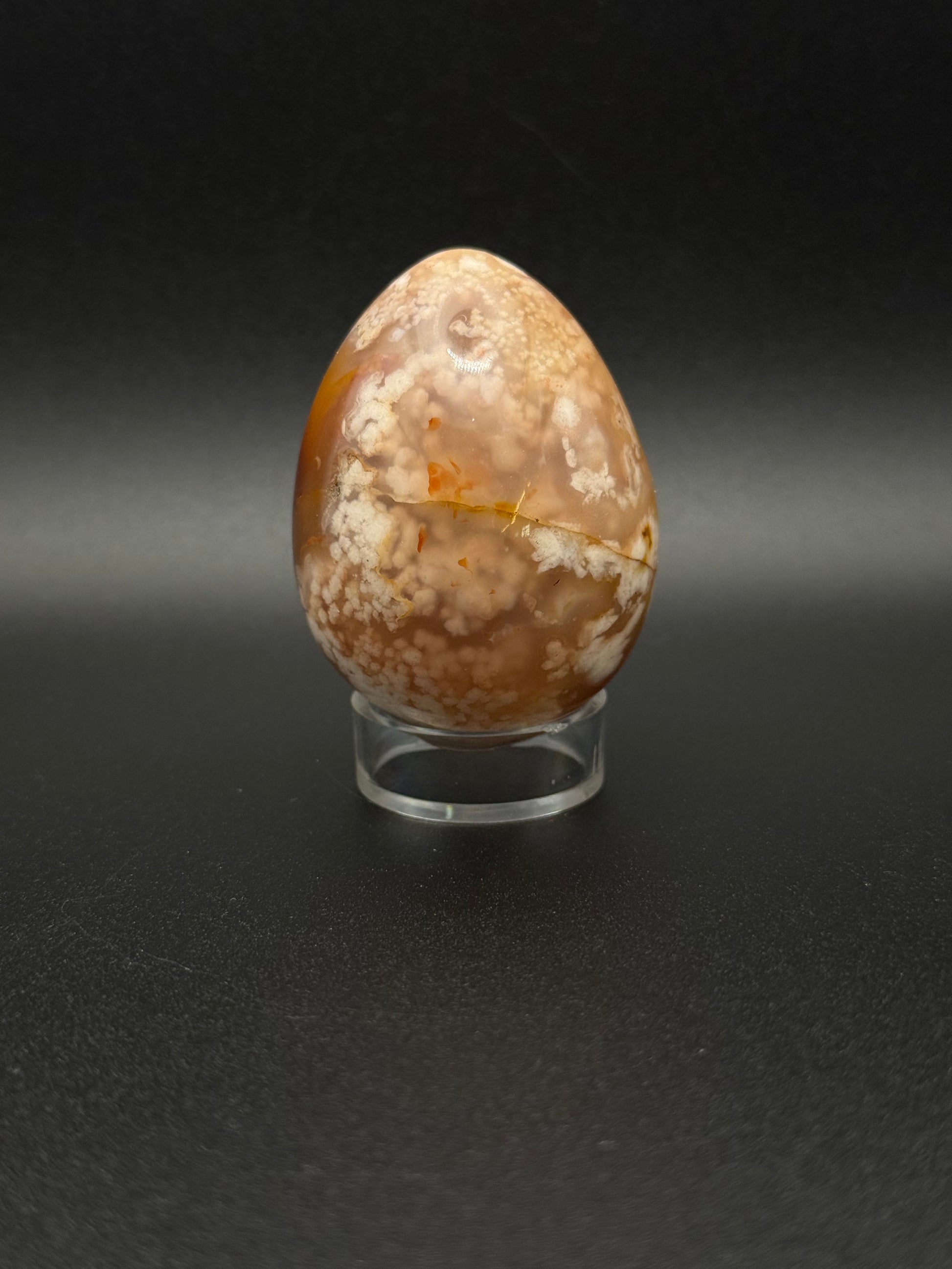 Flower Agate polished crystal in the shape of an egg.