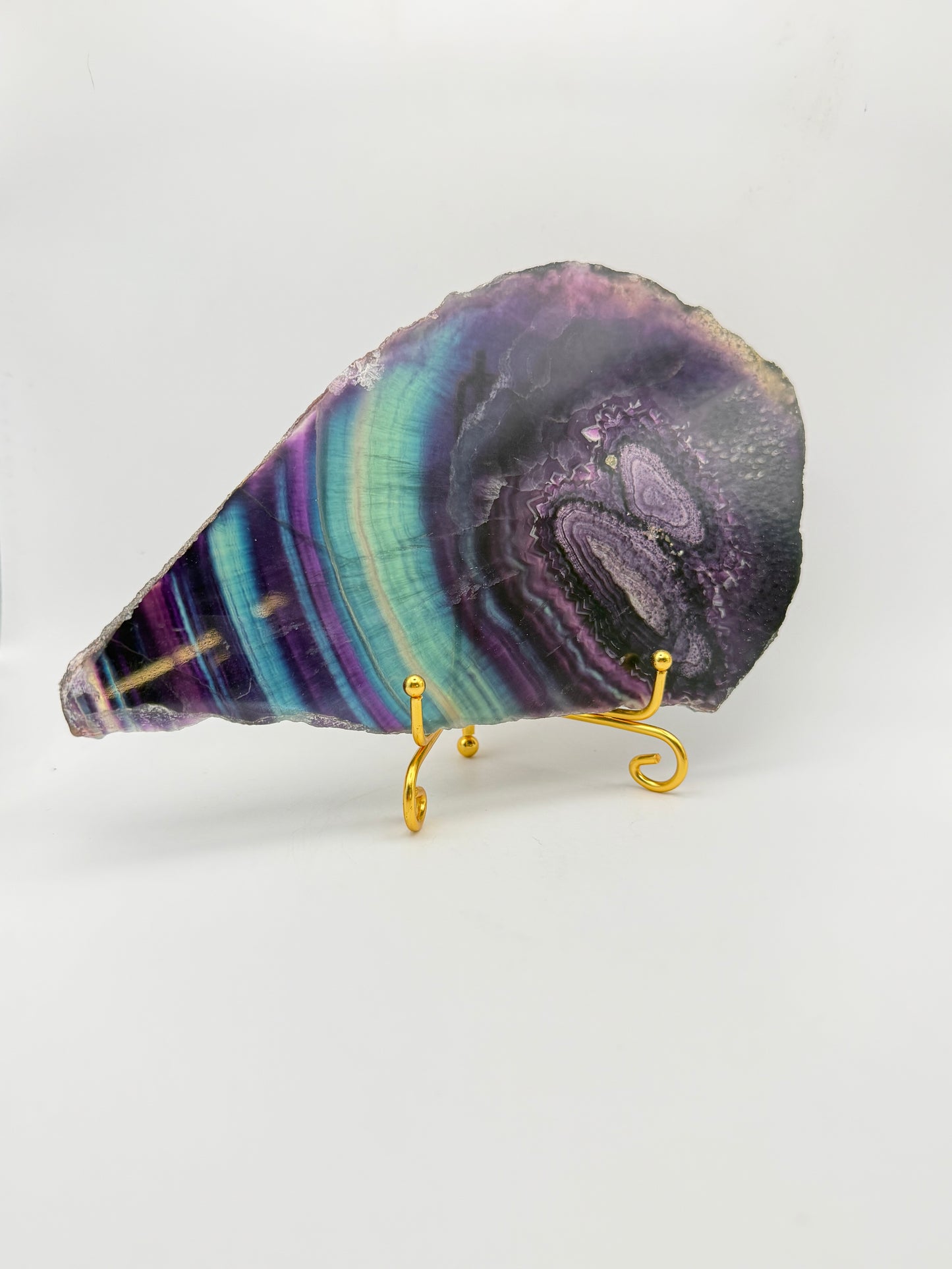 Rainbow Fluorite slab with amazing green, blue, and purple colors.