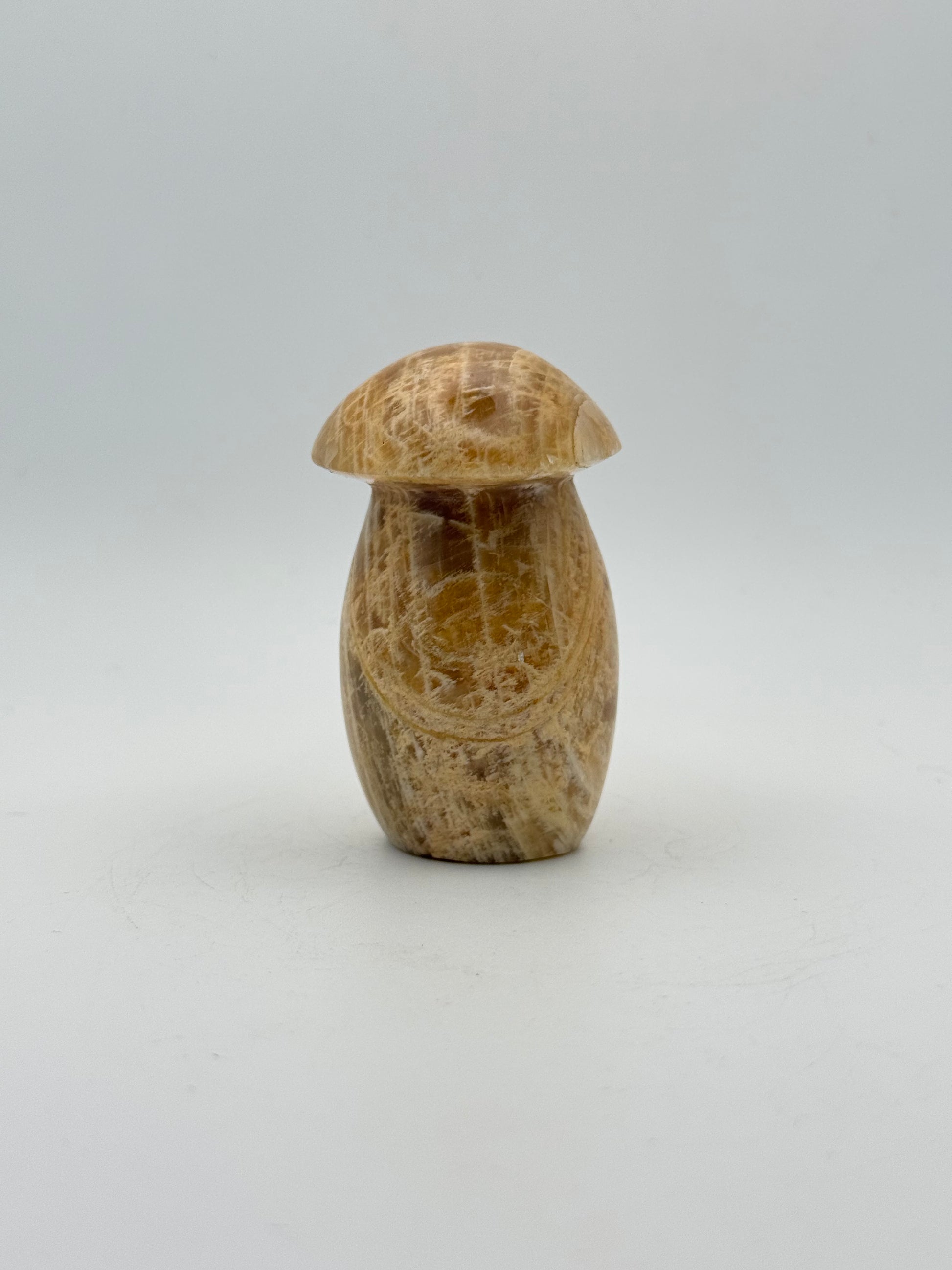 Polished yellow moonstone in the shape of a mushroom.