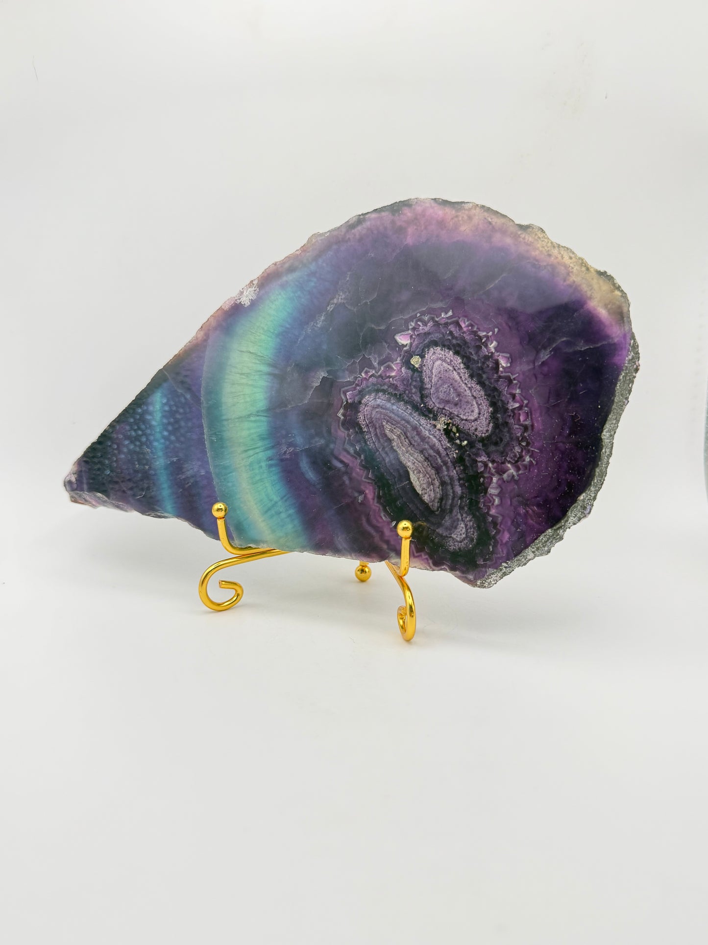 Rainbow Fluorite slab with amazing green, blue, and purple colors.