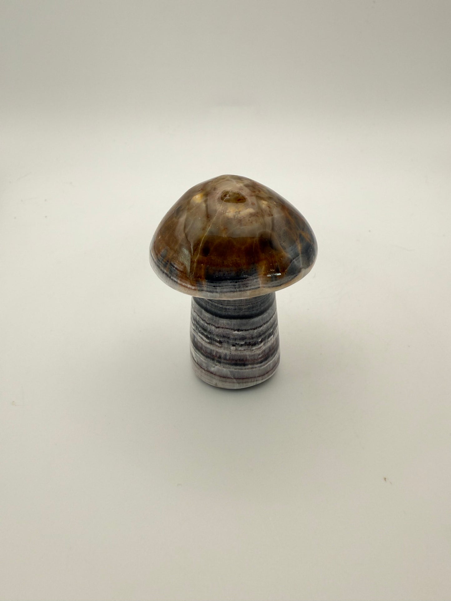 Polished chocolate calcite crystal shaped into a mushroom.